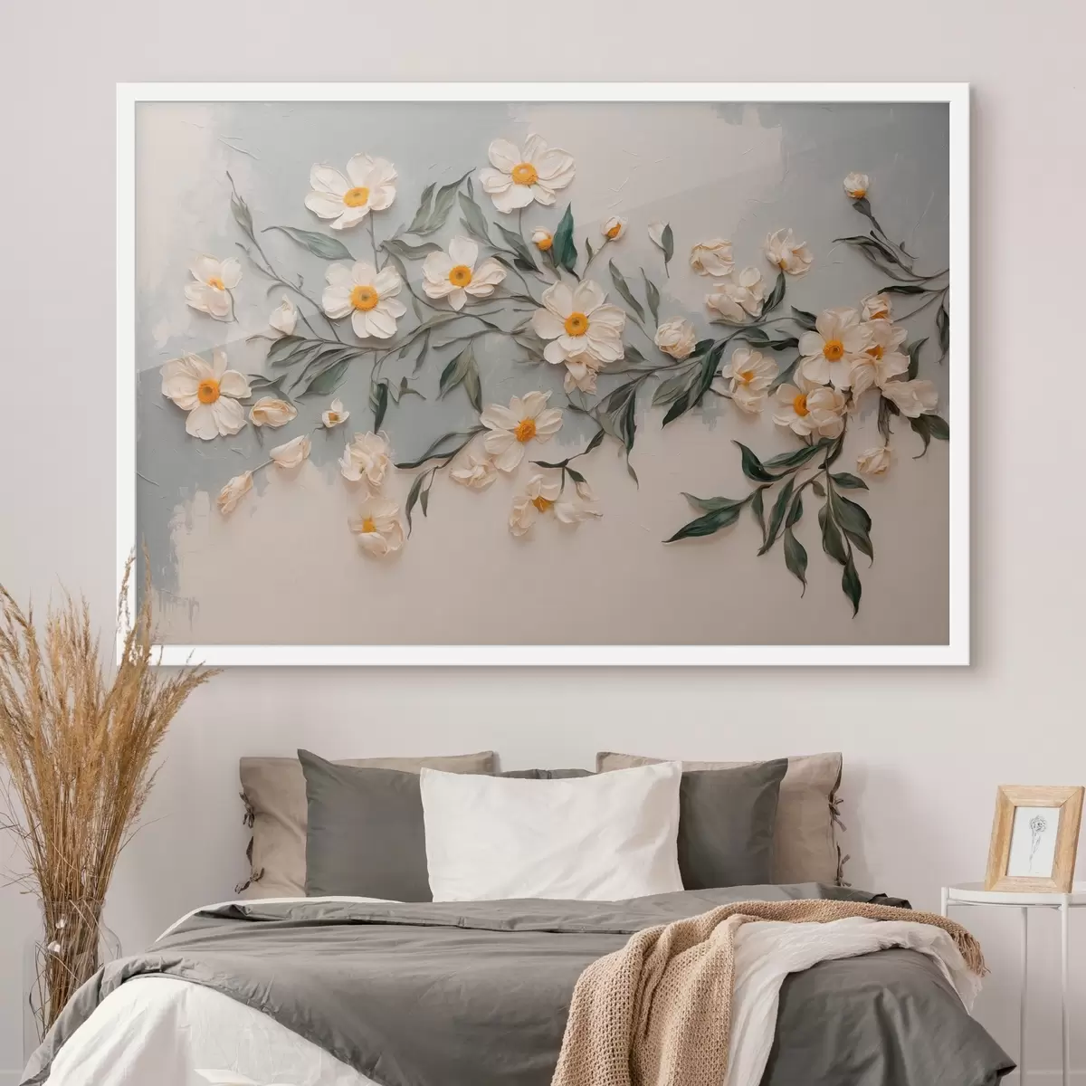 Poster Blanco floweff y leavef en blanco y gfay backgfound f42764