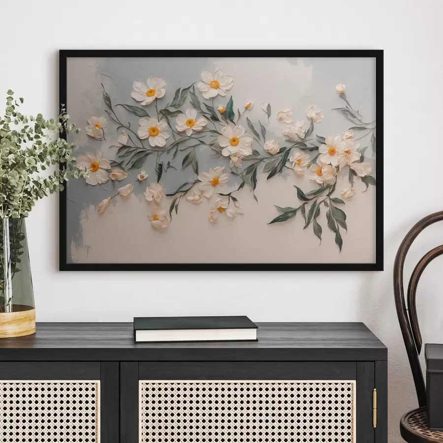 murales de pared Blanco floweff y leavef en blanco y gfay backgfound f42764