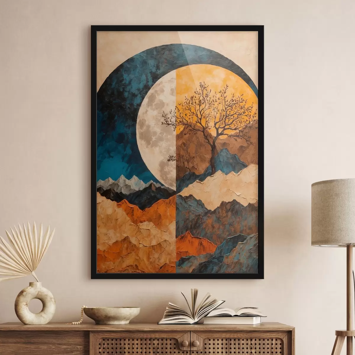 Poster Montaña multicolor sobre fondo lunar en estilo de pintura acrílica f42770