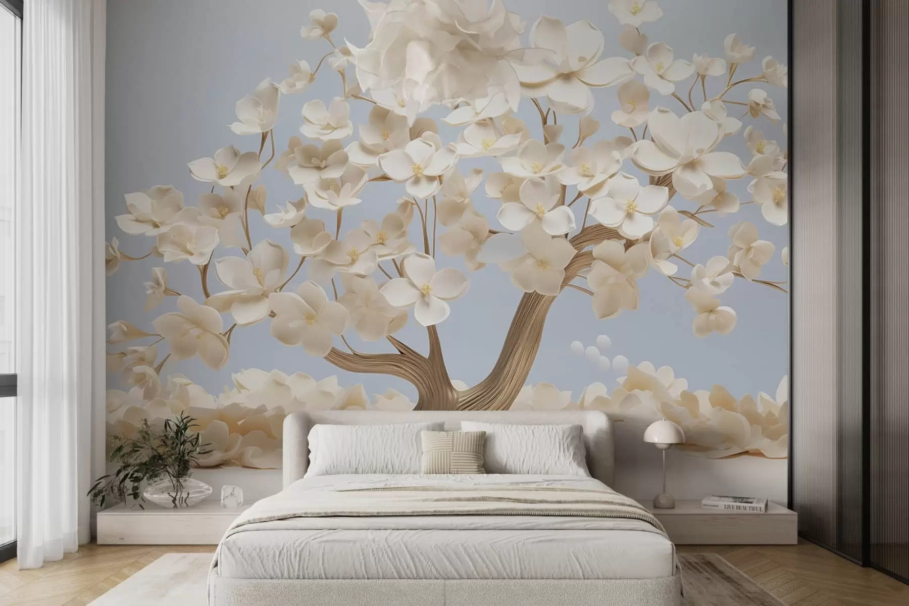 murales de pared Árbol con delicadas flores sobre fondo azul claro w08793