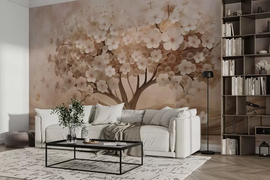 murales de pared Árbol abstracto con pequeñas flores sobre el fondo de una pared envejecida w08794