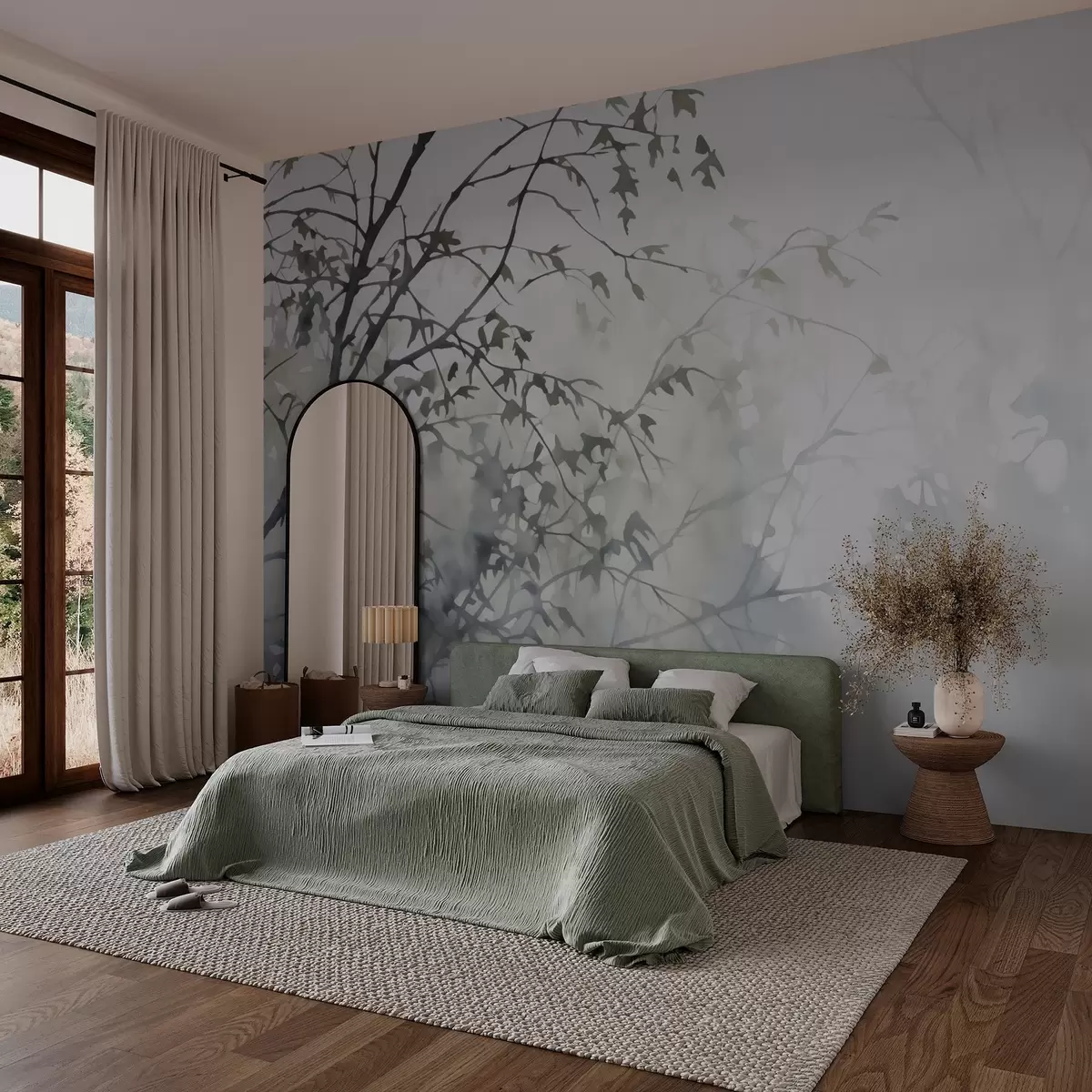 murales de pared Siluetas de ramas de árboles y sombras imitación de acuarela w03175