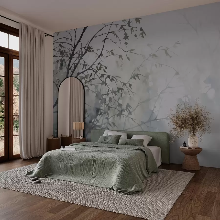 murales de pared Siluetas de ramas de árboles y sombras imitación de acuarela w03175