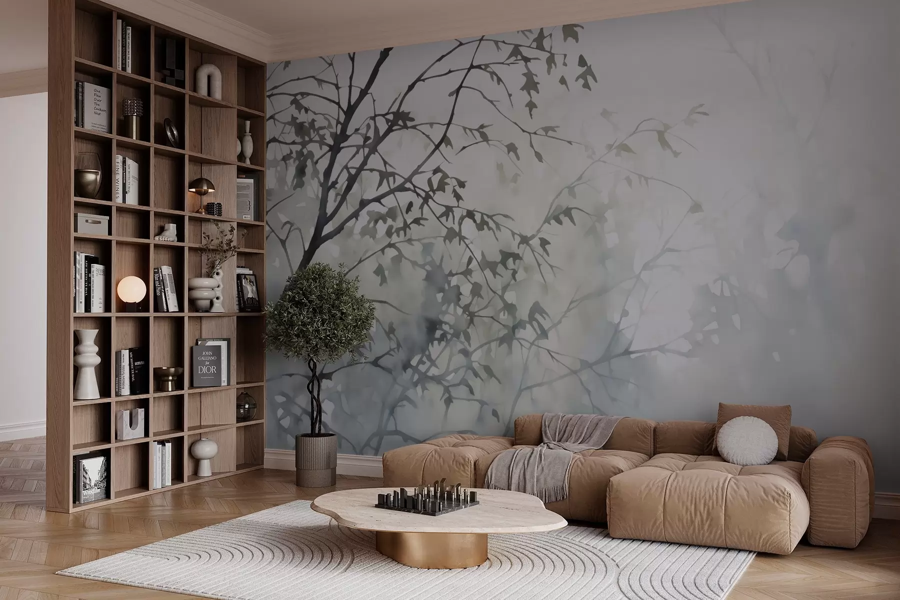 murales de pared Siluetas de ramas de árboles y sombras imitación de acuarela w03175