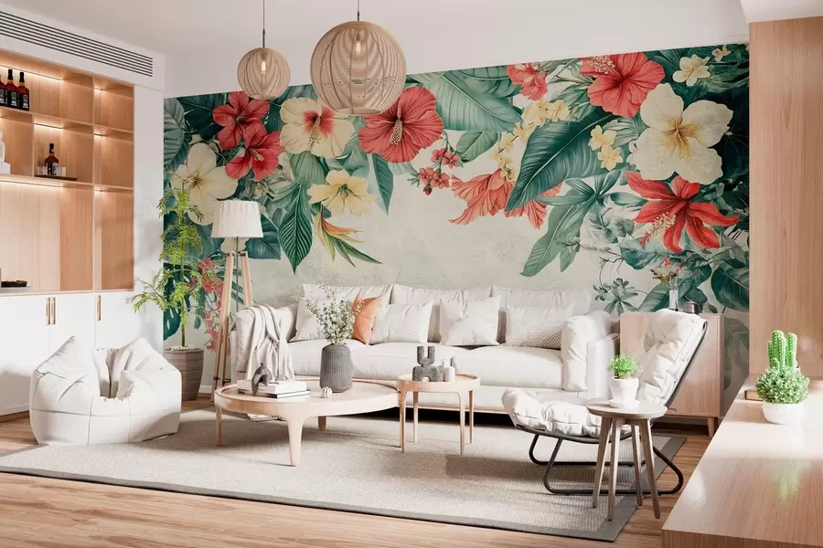 murales de pared flores y plantas tropicales colgando desde arriba sobre un fondo texturizado w03023