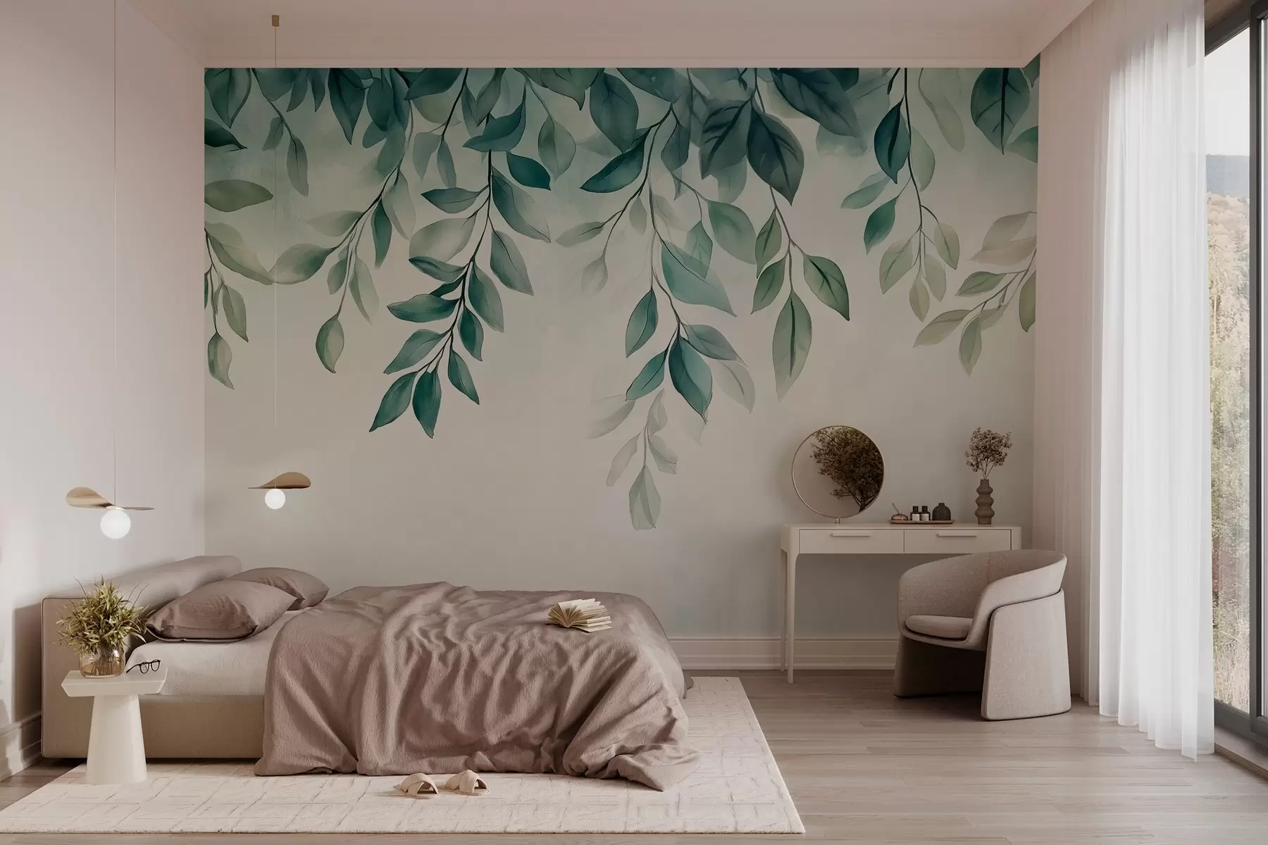 murales de pared hojas verdes estilo acuarela colgando de la parte superior w03024