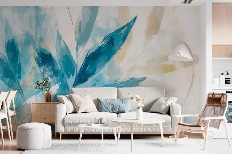 murales de pared hojas azules en estilo de trazos abstractos w03109