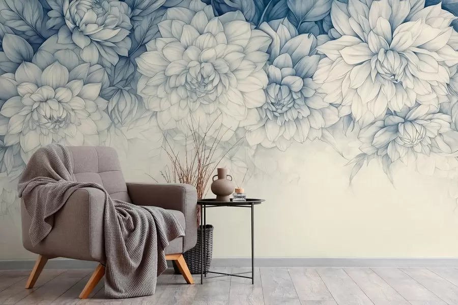 murales de pared exuberantes crisantemos monocromos colgando de la parte superior w03110