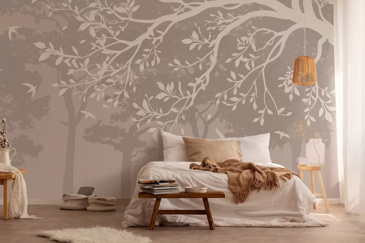 murales de pared silueta de una rama de árbol cremosa con pájaros, sobre el fondo del bosque w03116