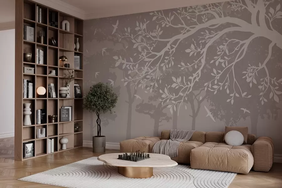 murales de pared silueta de una rama de árbol cremosa con pájaros, sobre el fondo del bosque w03116