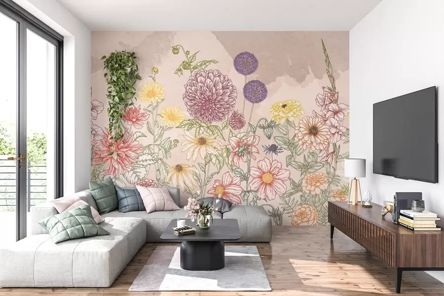 murales de pared Romántica ilustración botánica con flores silvestres en tonos pastel w03158