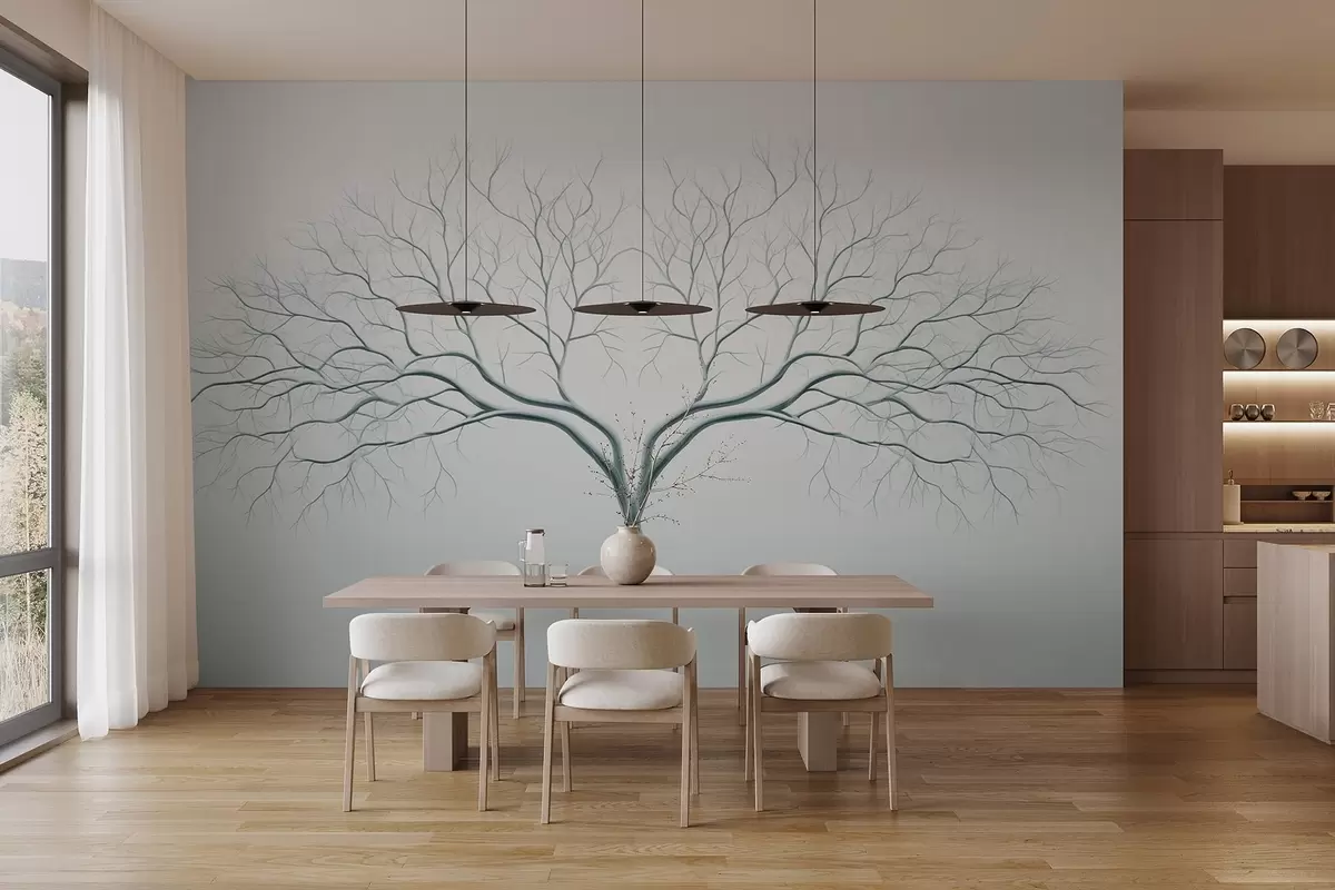 murales de pared Imagen minimalista de un árbol con delicadas ramas sobre fondo azul claro w03159v1