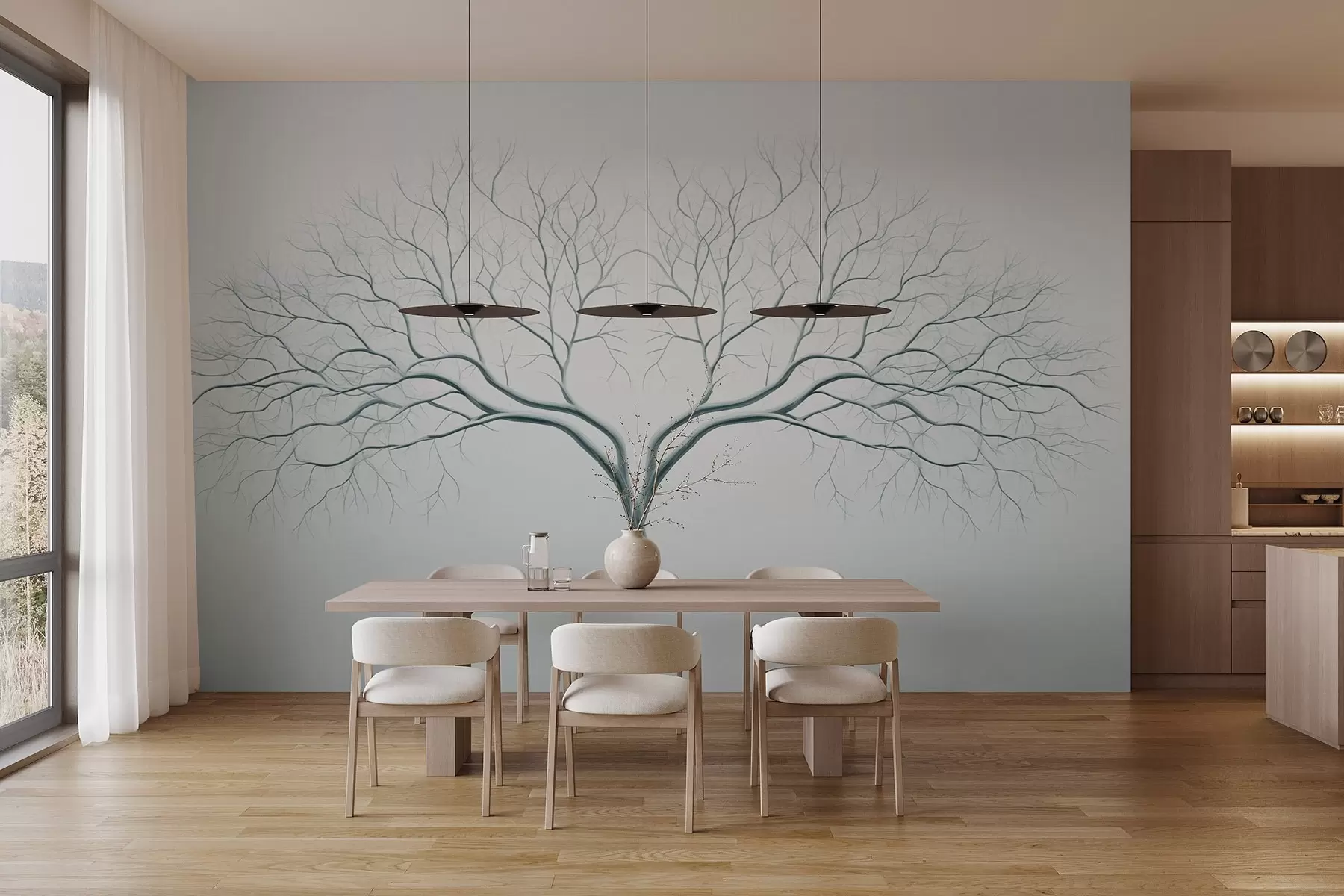 murales de pared Imagen minimalista de un árbol con delicadas ramas sobre fondo azul claro w03159v1