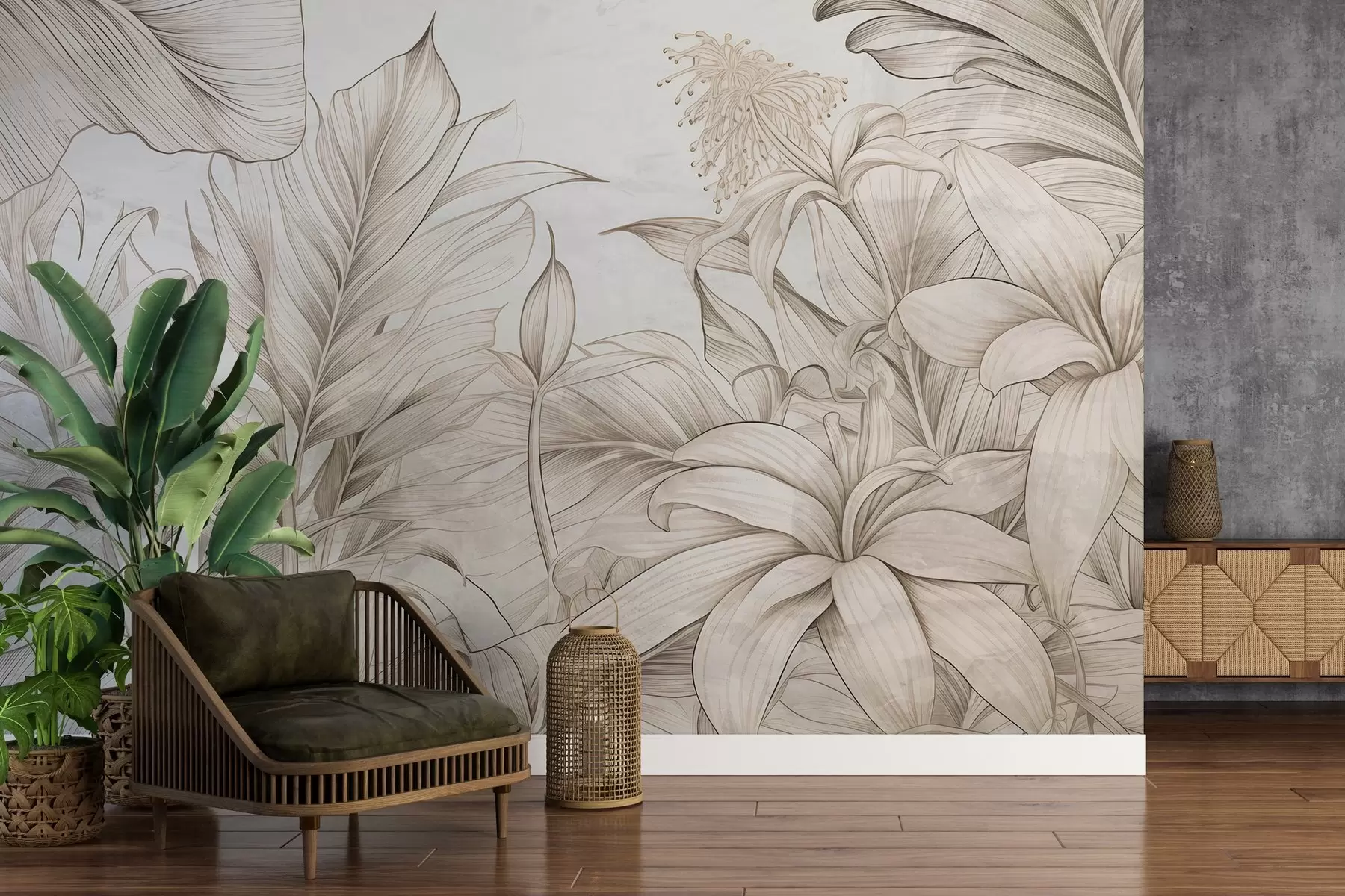 murales de pared Hojas detalladas en estilo grunge w03201