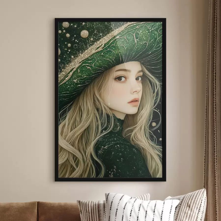 murales de pared Retrato de una niña con sombrero verde f42982