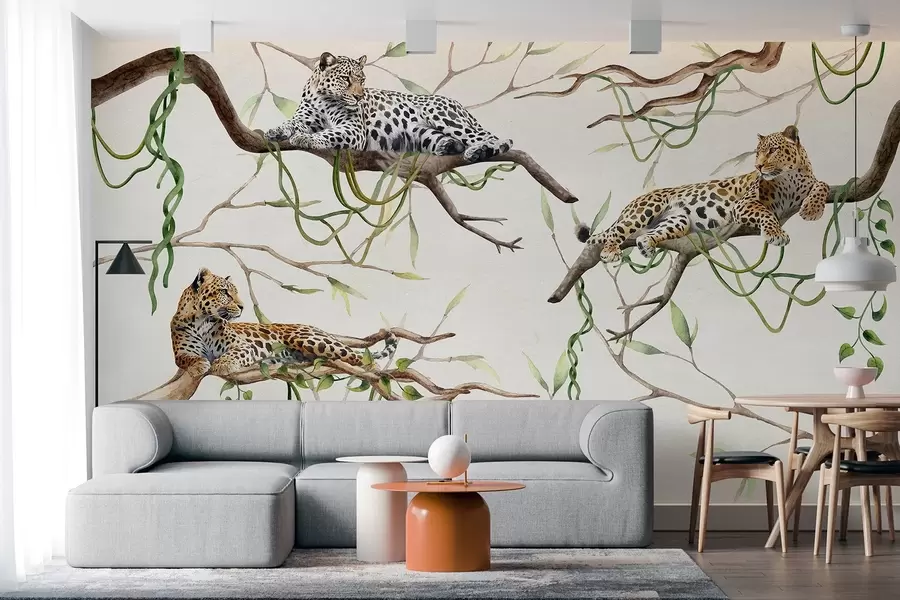 murales de pared Leopardos en los árboles de la selva, lianas, tropical, animales salvajes, paleta de colores naturales w03146