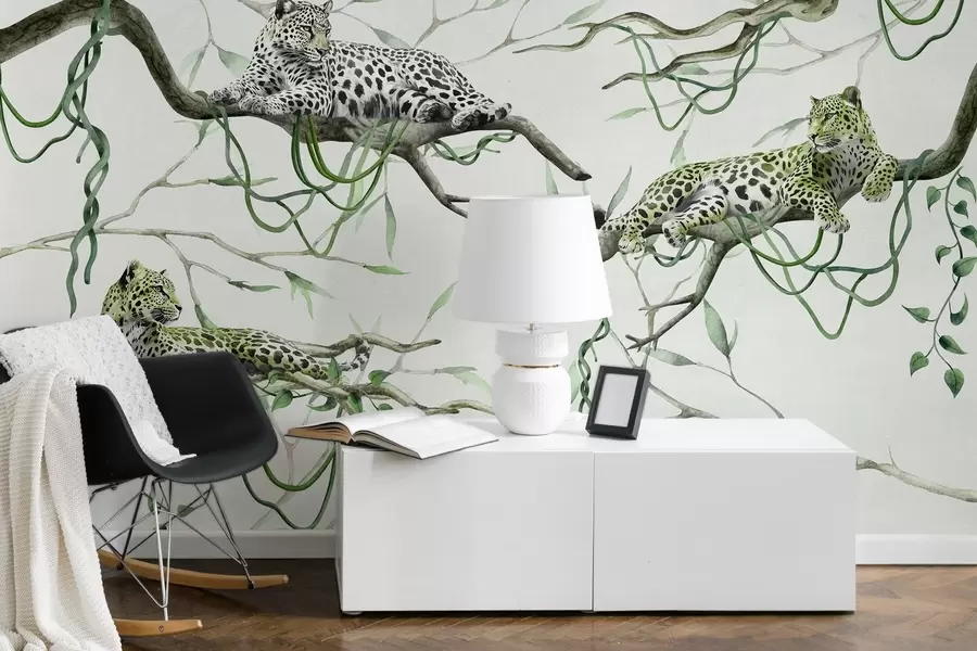 murales de pared Leopardos en los árboles de la selva, lianas, tropical, animales salvajes, paleta de color verde w03146v1