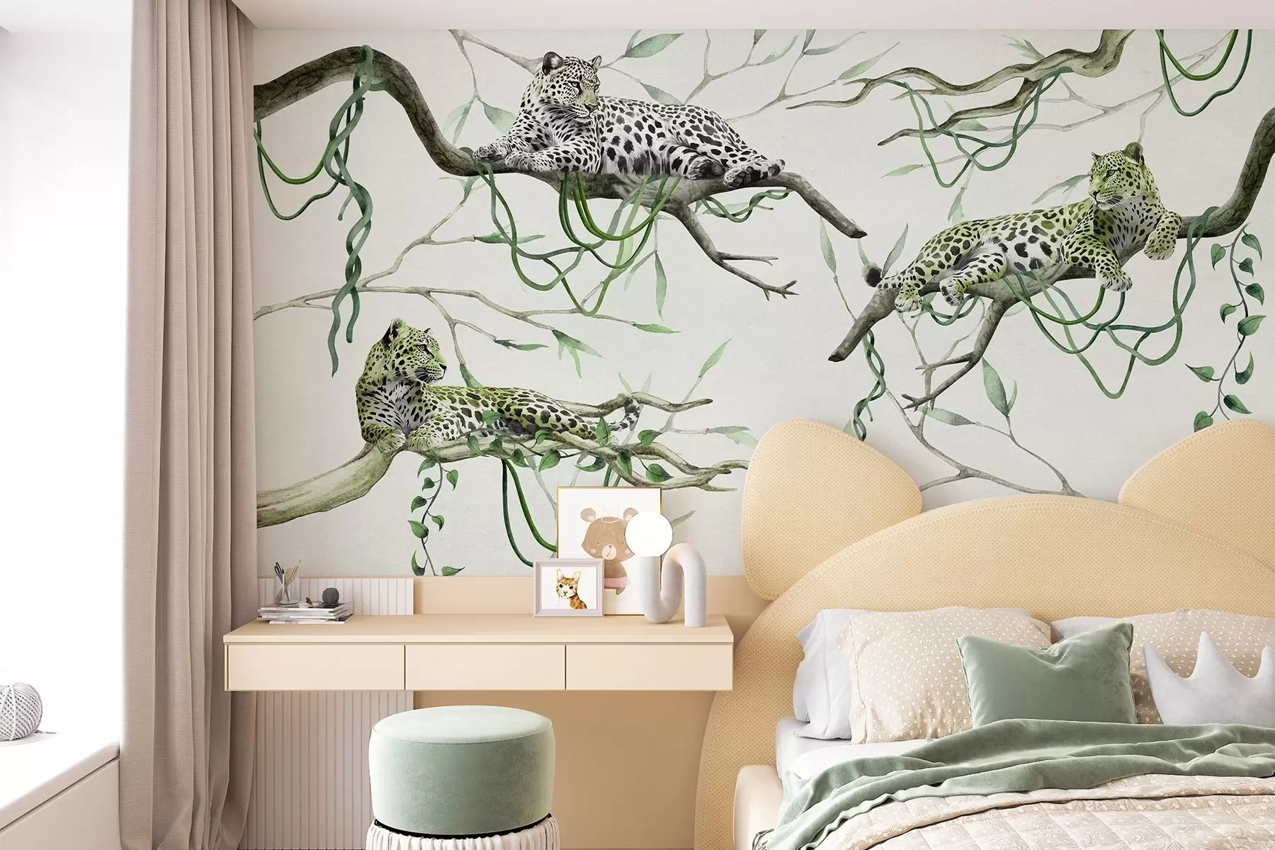 murales de pared Leopardos en los árboles de la selva, lianas, tropical, animales salvajes, paleta de color verde w03146v1