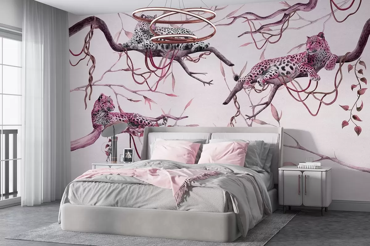 murales de pared Leopardos en los árboles de la selva, lianas, tropical, animales salvajes, paleta de color rosa w03146v2