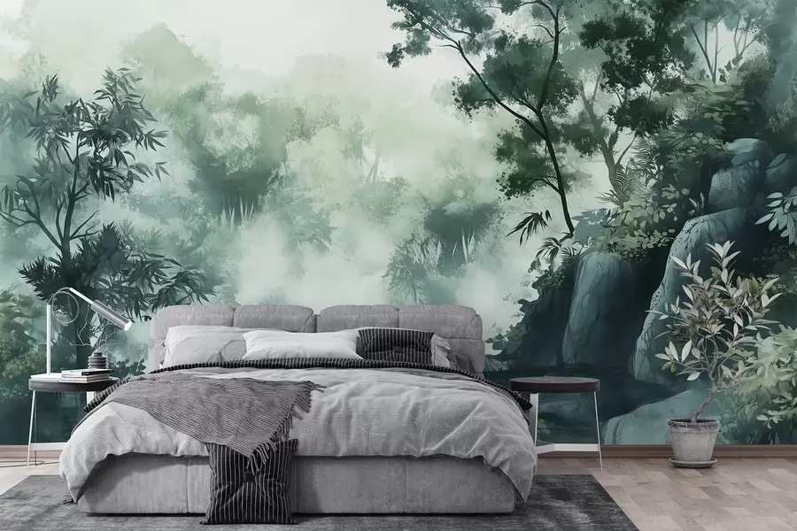 murales de pared Paisaje oriental, selva, árboles, estilo acuarela, colores verdes w03149