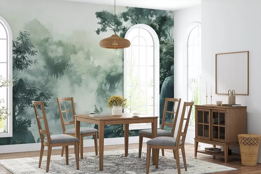 murales de pared Paisaje oriental, selva, árboles, estilo acuarela, colores verdes w03149