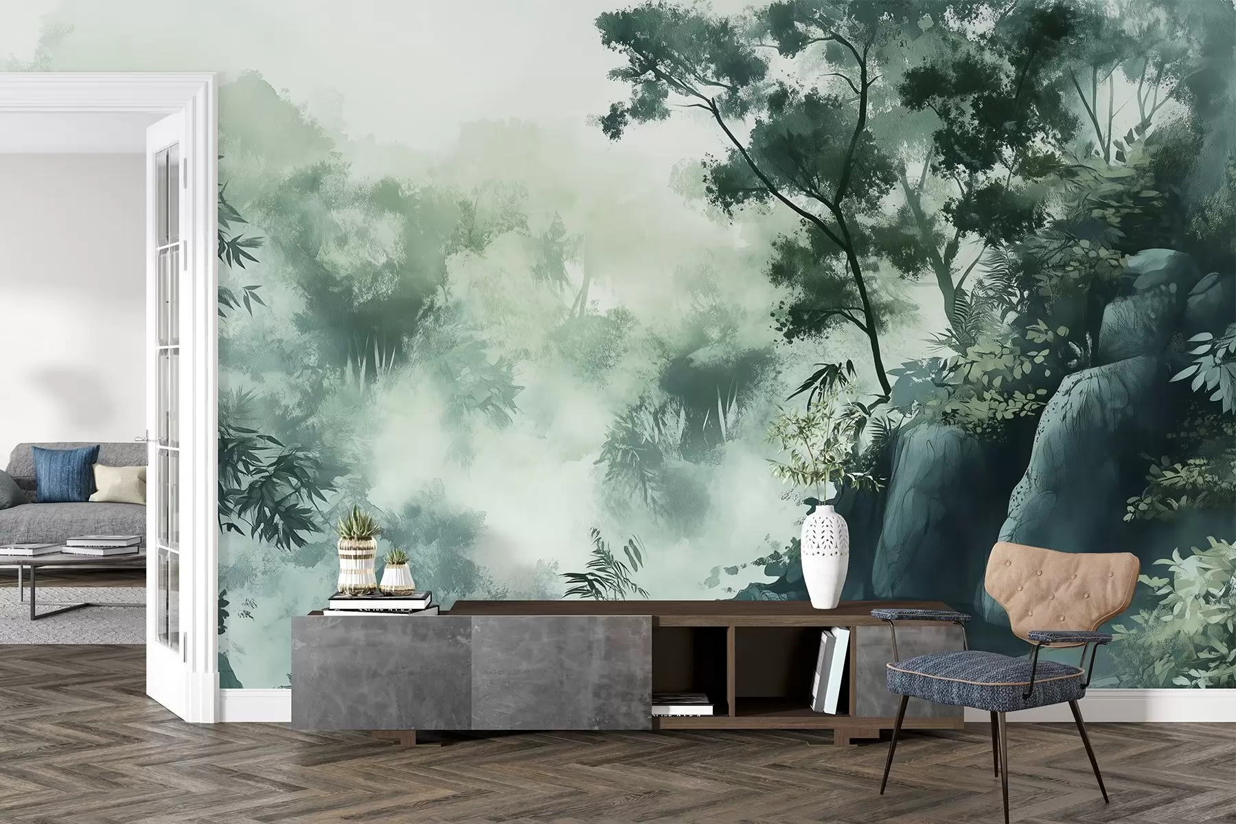 murales de pared Paisaje oriental, selva, árboles, estilo acuarela, colores verdes w03149