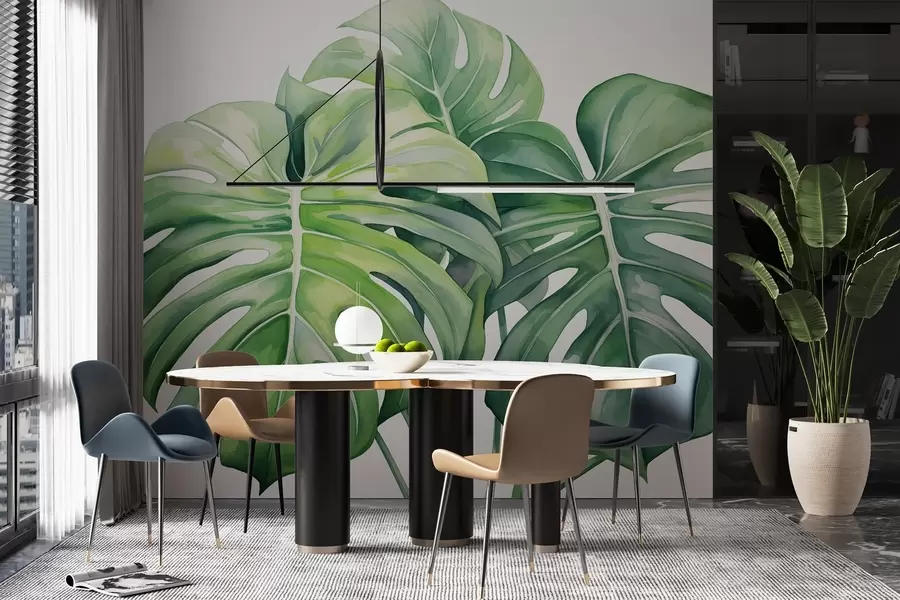 murales de pared Hojas grandes de monstera, plantas tropicales, dibujo estilo acuarela, colores verdes w03151