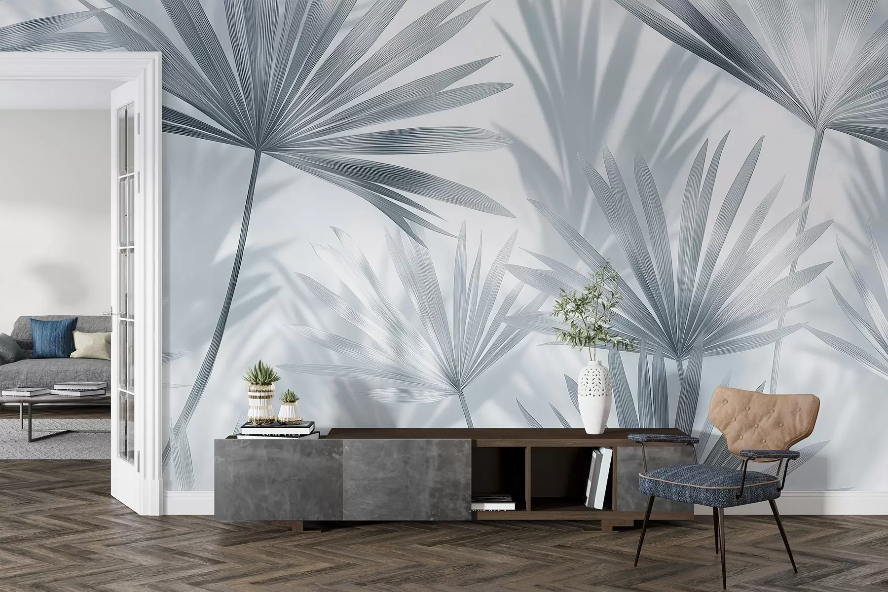 murales de pared Hojas de palmera, motivo floral, minimalismo, tropical, colores grises w03152v1