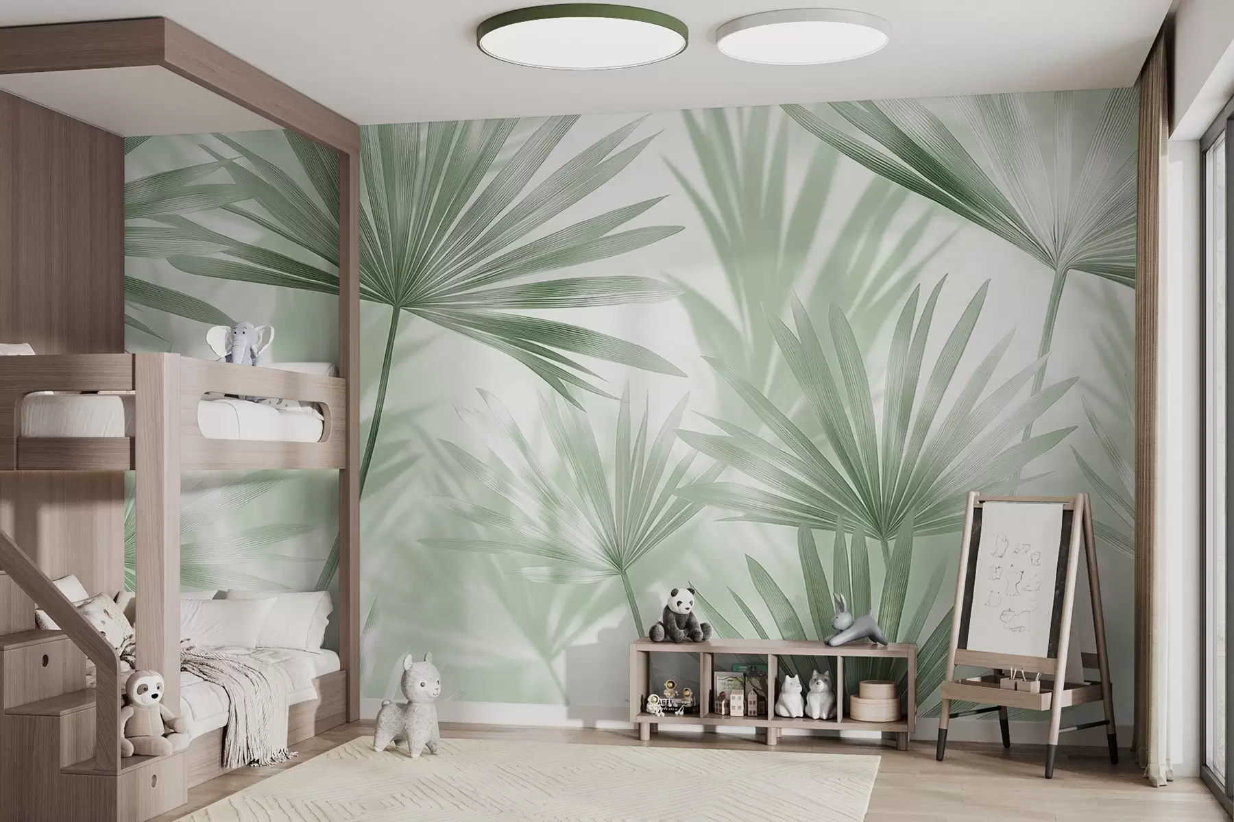 murales de pared Hojas de palmera, motivo floral, minimalismo, tropical, colores verdes w03152v2