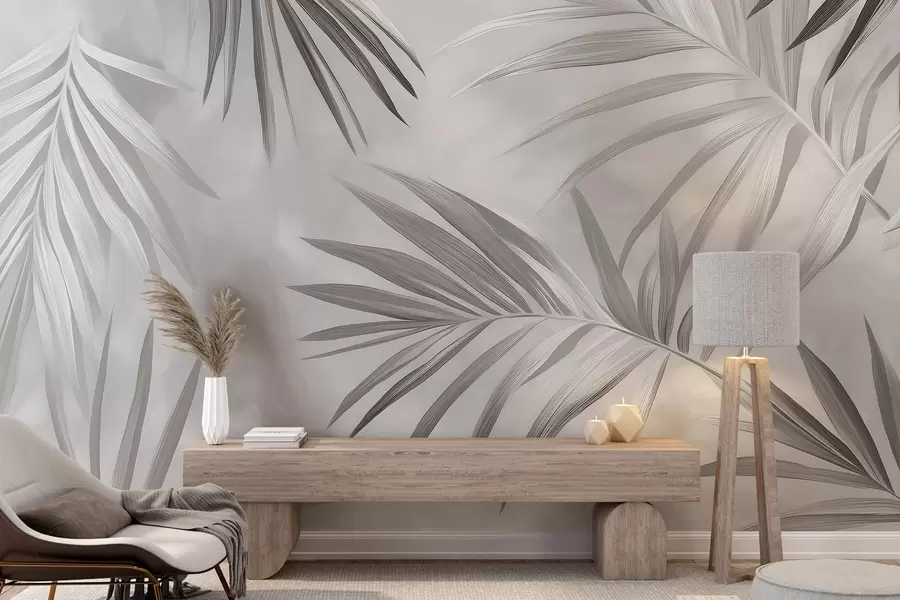 murales de pared Abstracción de hojas tropicales, palmera, paleta de colores grises  w03153v4