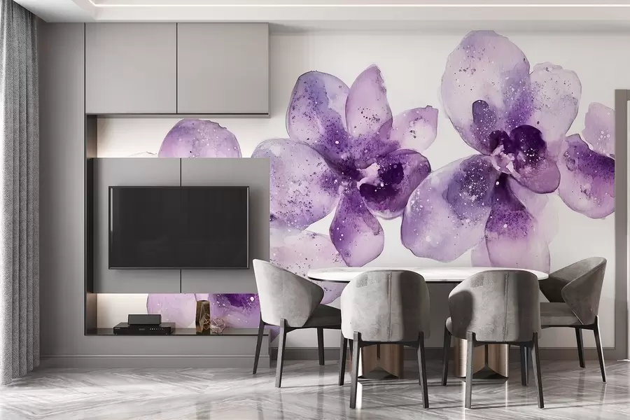 murales de pared Flores de orquídea estilo acuarela, colores morados w03163