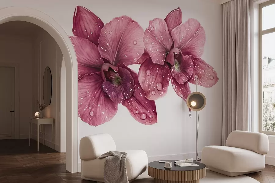 murales de pared Hermosas flores de orquídea, dibujo estilo acuarela, colores rosados w03164v1