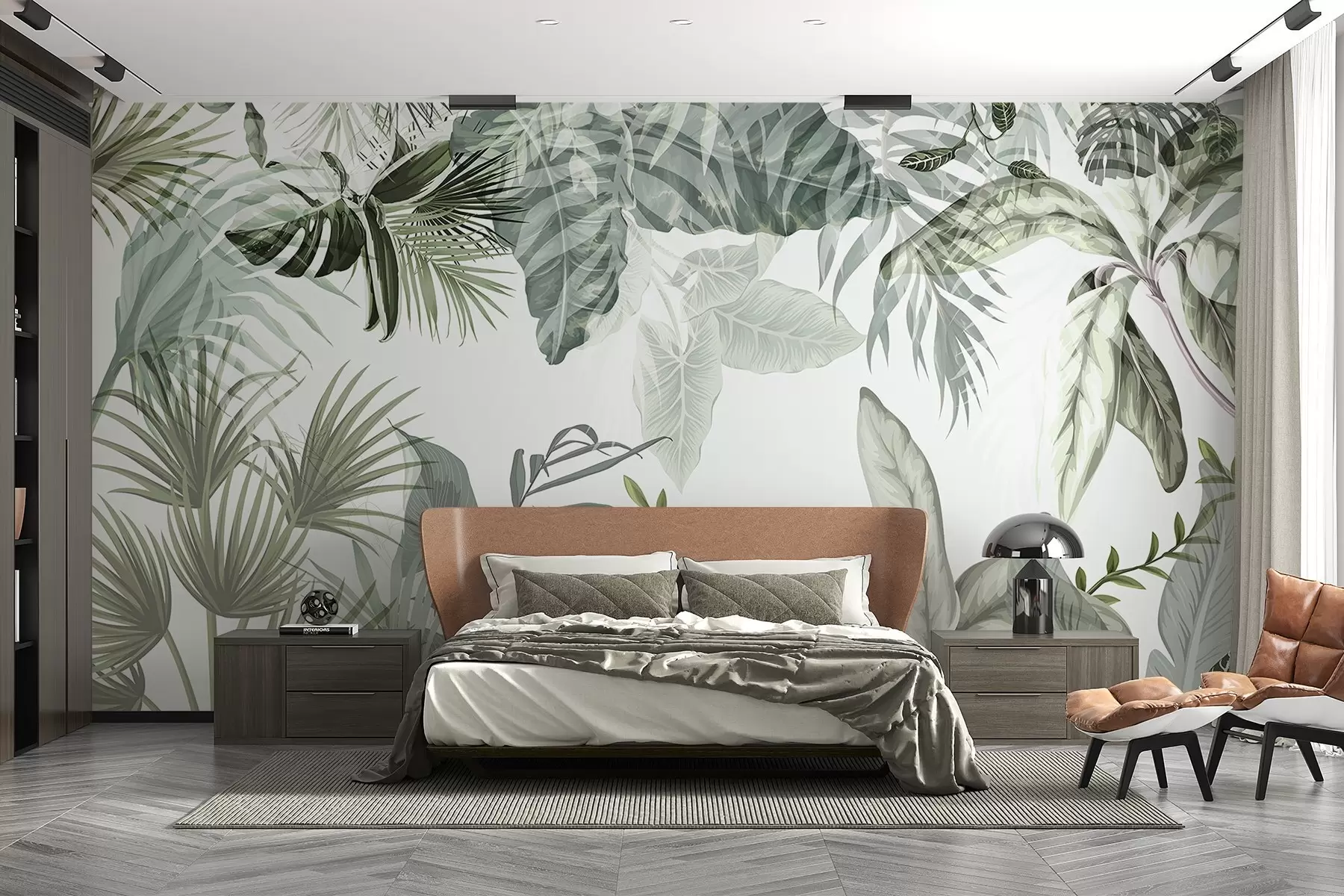 murales de pared Hojas tropicales transparentes en tonos verdes sobre fondo blanco w08822