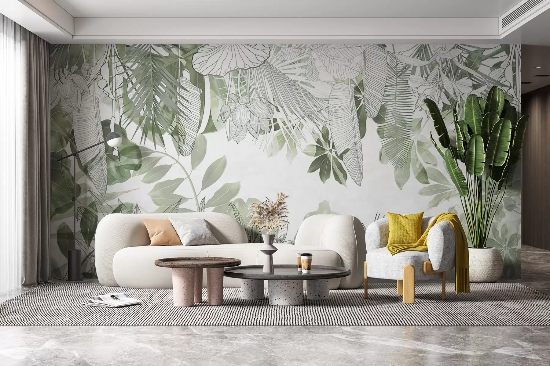 murales de pared Plantas y hojas tropicales con estampado de jungla verde sobre fondo blanco w08823