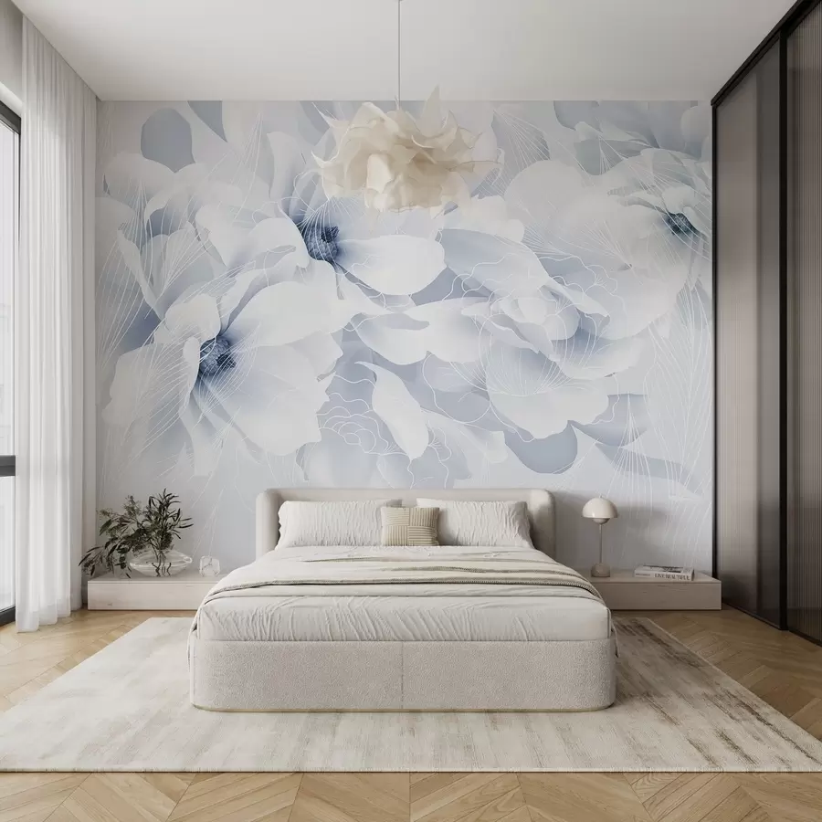 murales de pared Flores de peonía en tonos pastel con delicados pétalos blancos y azules y líneas blancas sobre fondo azul claro w08826