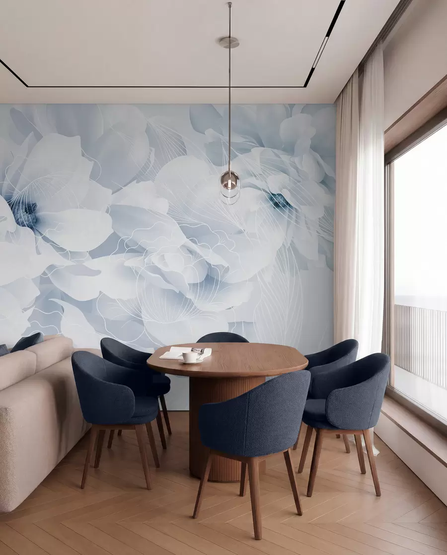 murales de pared Flores de peonía en tonos pastel con delicados pétalos blancos y azules y líneas blancas sobre fondo azul claro w08826