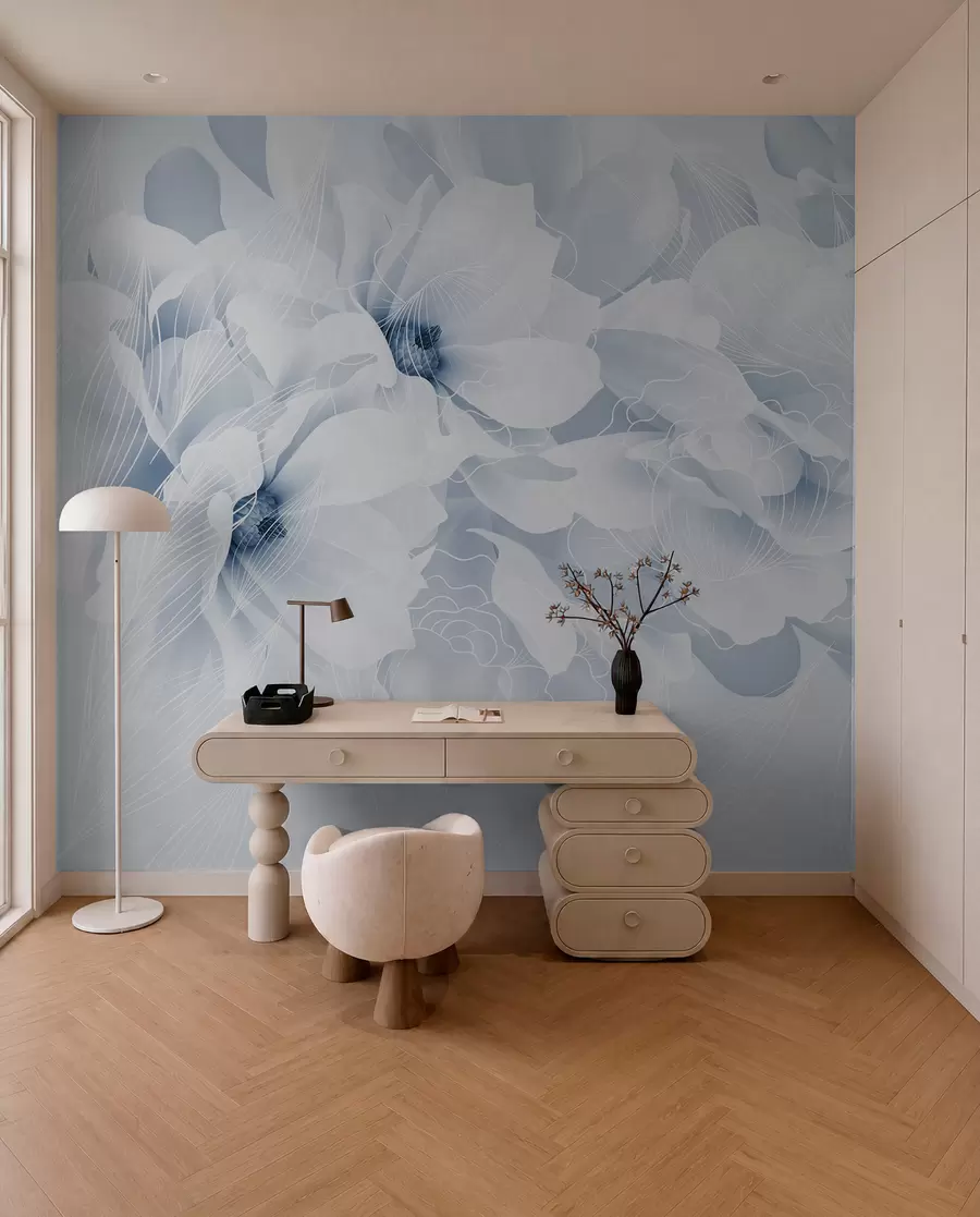 murales de pared Flores de peonía en tonos pastel con delicados pétalos blancos y azules y líneas blancas sobre fondo azul claro w08826
