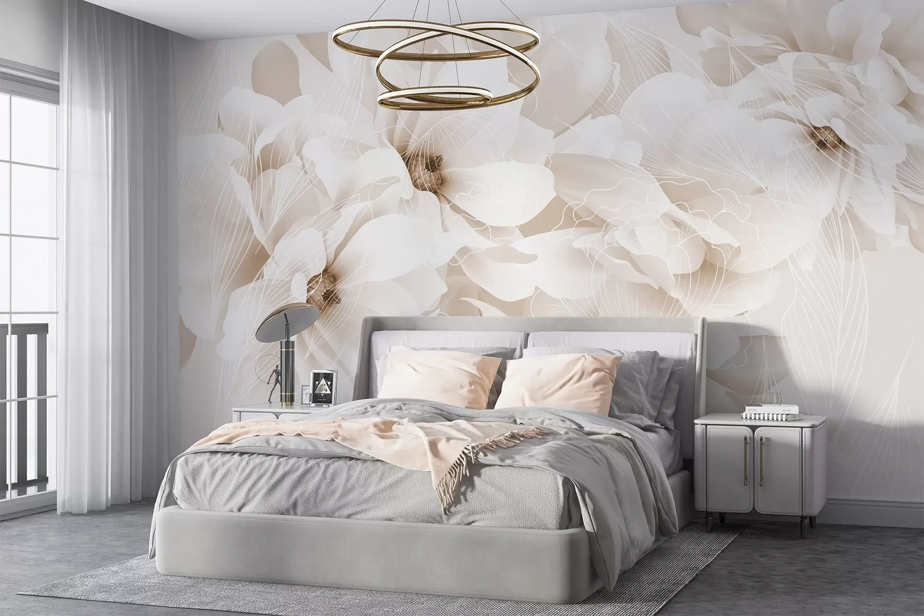 murales de pared Flores de peonía en tonos pastel con delicados pétalos blancos y beige y líneas blancas sobre fondo beige claro w08826v1