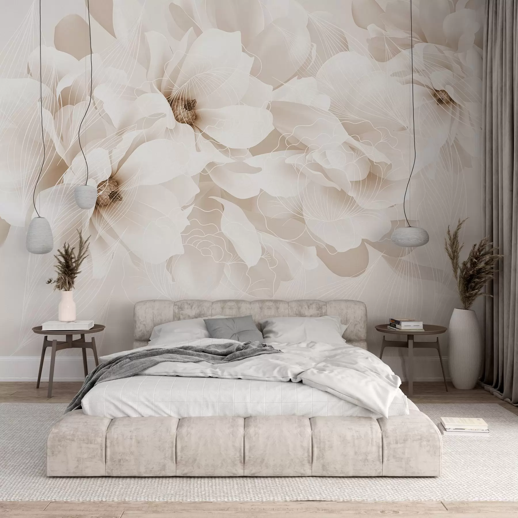 murales de pared Flores de peonía en tonos pastel con delicados pétalos blancos y beige y líneas blancas sobre fondo beige claro w08826v1