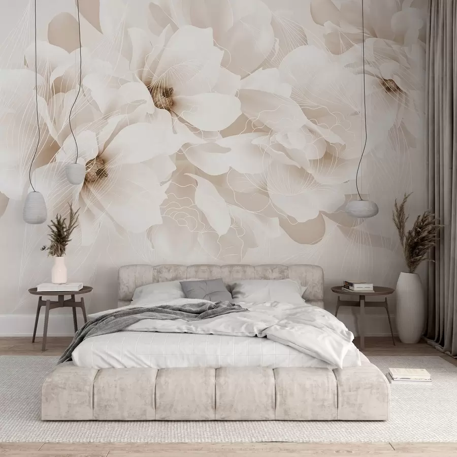 murales de pared Flores de peonía en tonos pastel con delicados pétalos blancos y beige y líneas blancas sobre fondo beige claro w08826v1