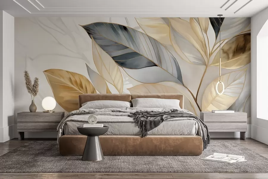 murales de pared Amarillas, grises y blancas delicadas hojas grandes sobre un fondo blanco abstracto con textura w08828