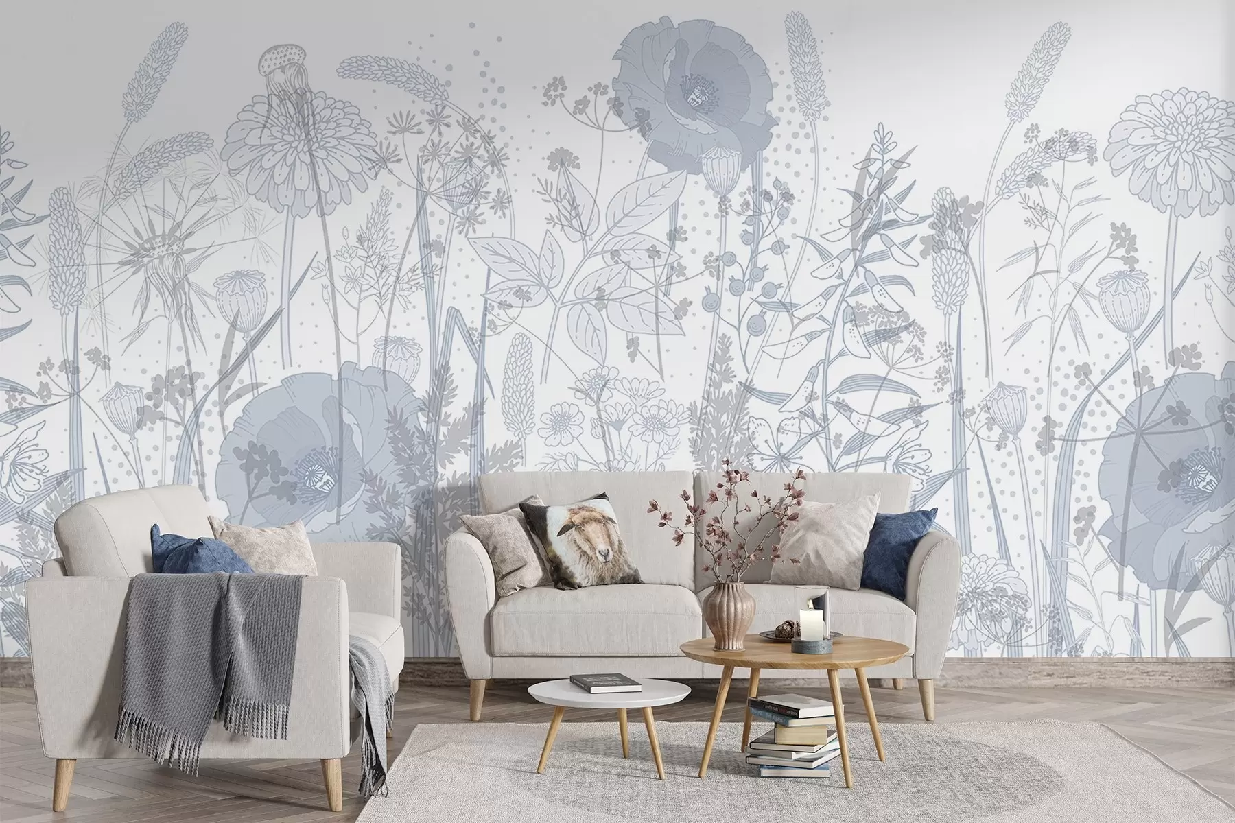 murales de pared Campo de flores altas y hierba en tonos pastel azul claro sobre fondo blanco w08829