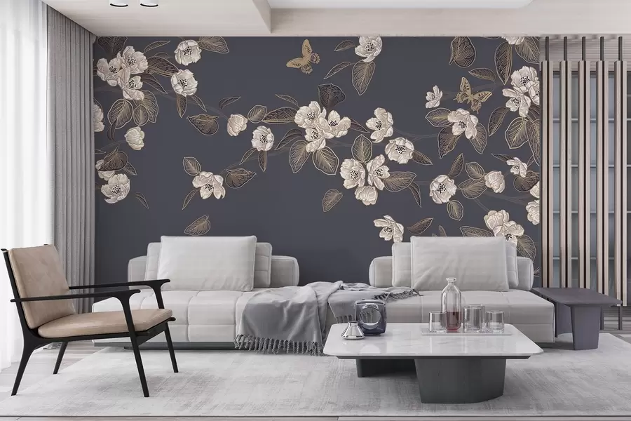 murales de pared Flor de cerezo rama con flores, hojas, mariposas sobre un fondo gris oscuro w08830
