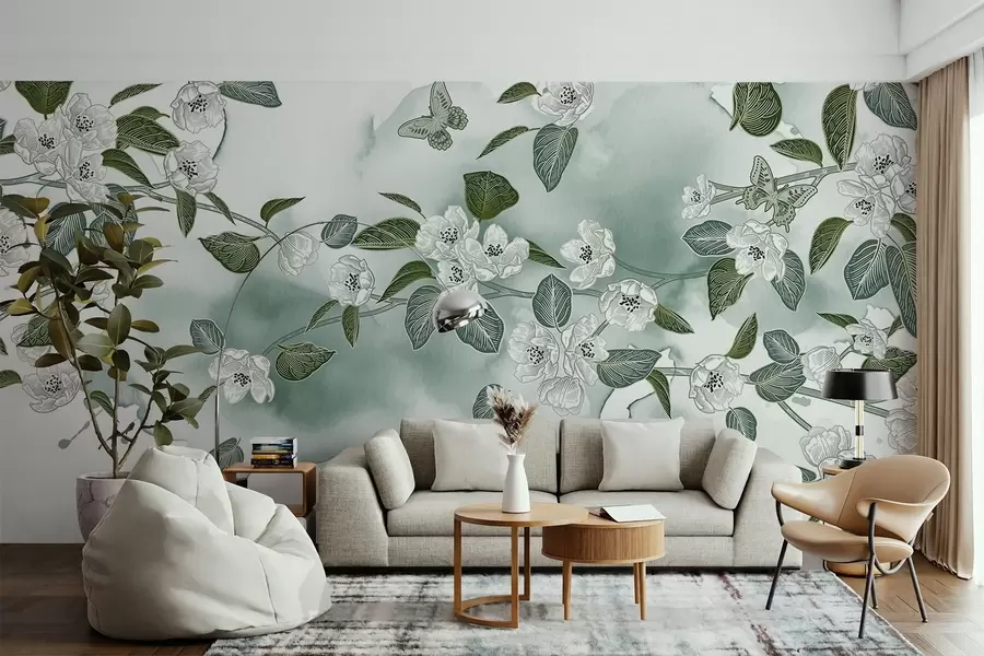 murales de pared Ramo de cerezo en flor con flores, hojas, mariposas sobre fondo verde claro con textura de acuarela w08831