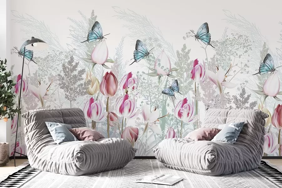 murales de pared Estampado en tonos pastel con flores de tulipán, hierba y mariposas volando en un jardín w08834