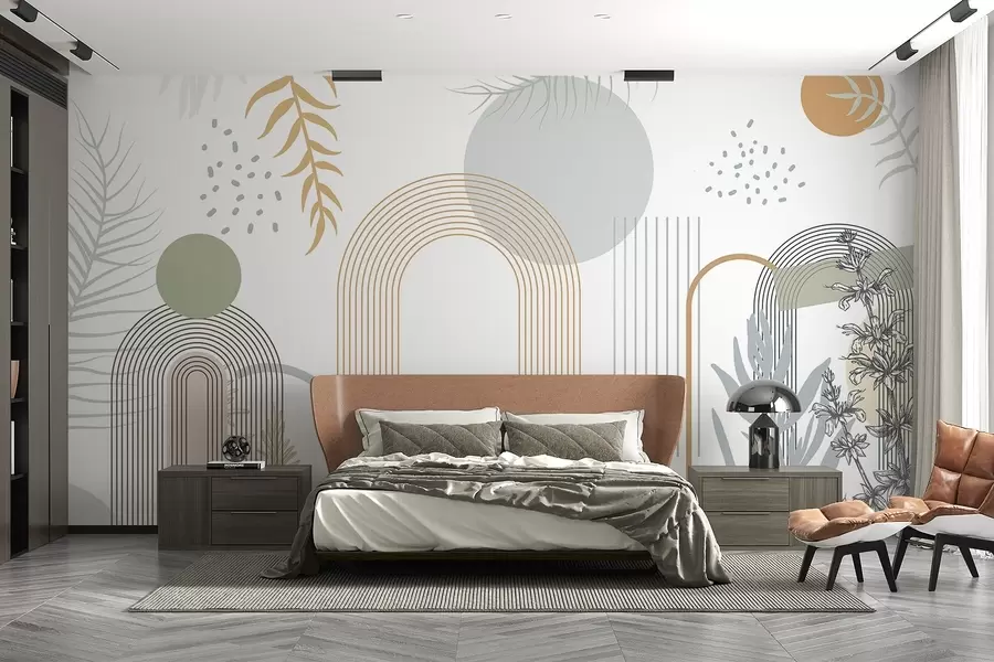 murales de pared Estampado abstracto con formas geométricas, arcos y hojas tropicales sobre fondo blanco w08835