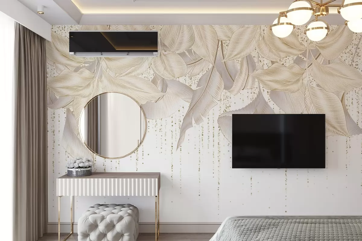 murales de pared Textura de hojas tropicales detalladas en blanco y puntos amarillos sobre fondo blanco w08836