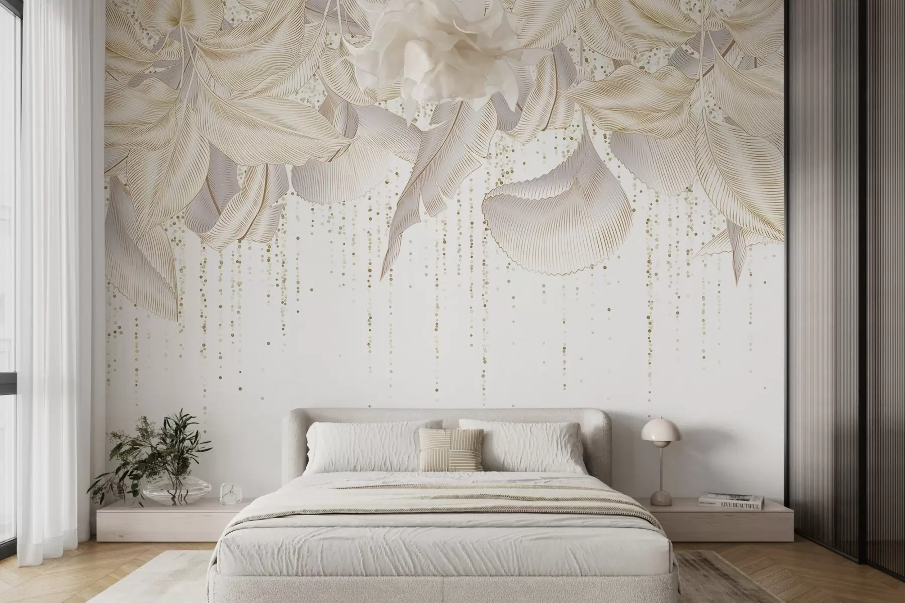 murales de pared Textura de hojas tropicales detalladas en blanco y puntos amarillos sobre fondo blanco w08836