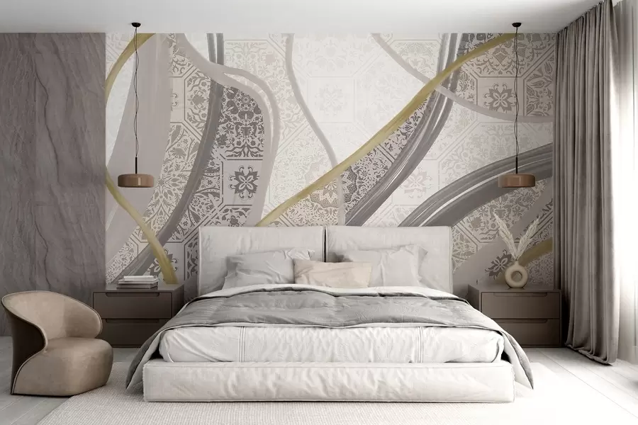 murales de pared Cuadro abstracto con motivos geométricos y líneas curvas en colores beige, gris y amarillo w08837