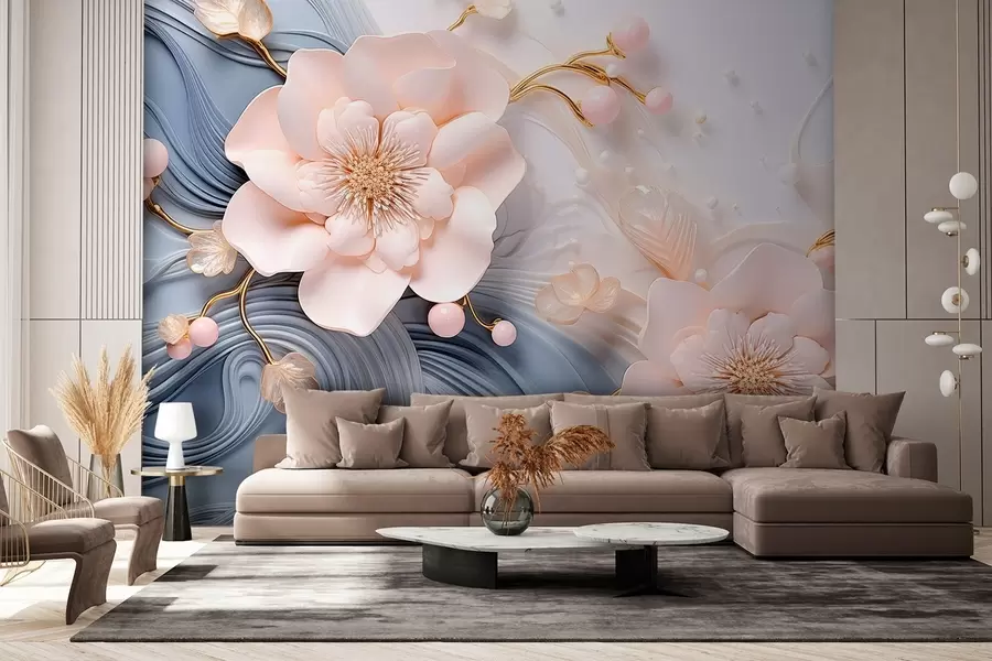 murales de pared diseño de fondo 3D con flores rosas y perlas sobre olas azules y blancas w08806